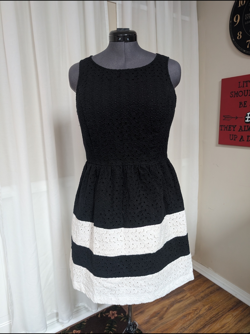 kenzie Black and White Eyelet Stripe Fit & Flare Dress